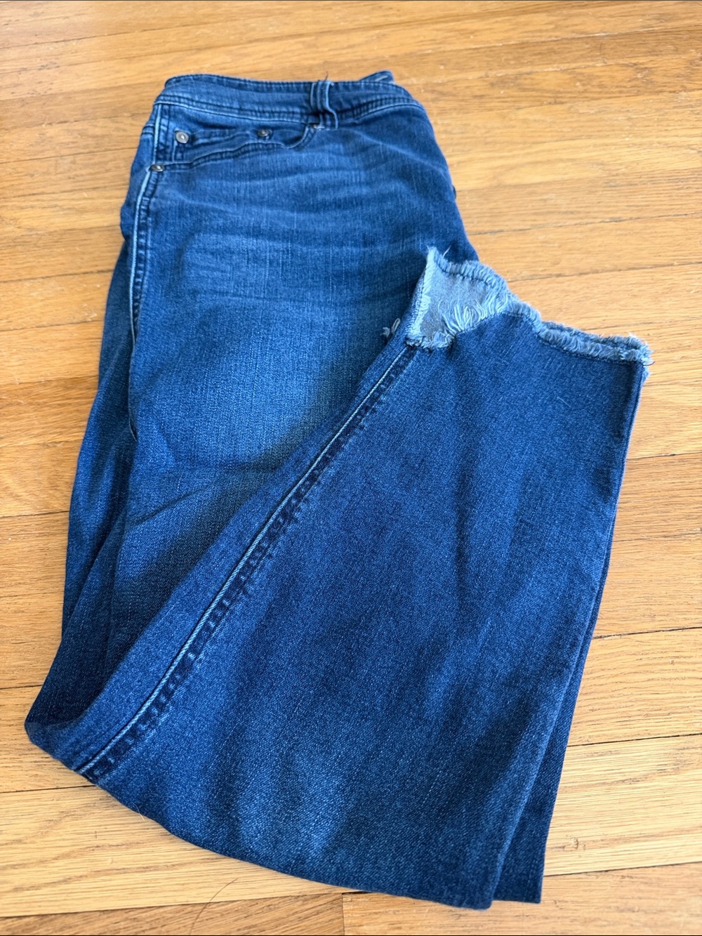 Seven7 Women’s Sz 14W Dark Blue Denim Jeans high rise ankle raw hem stretchy